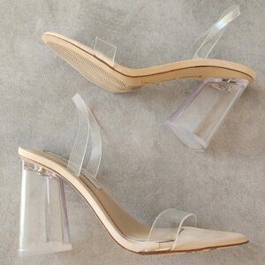 NWT Gianni Bini liyra Tan and Clear vinyl black heel Sandals size 8.5